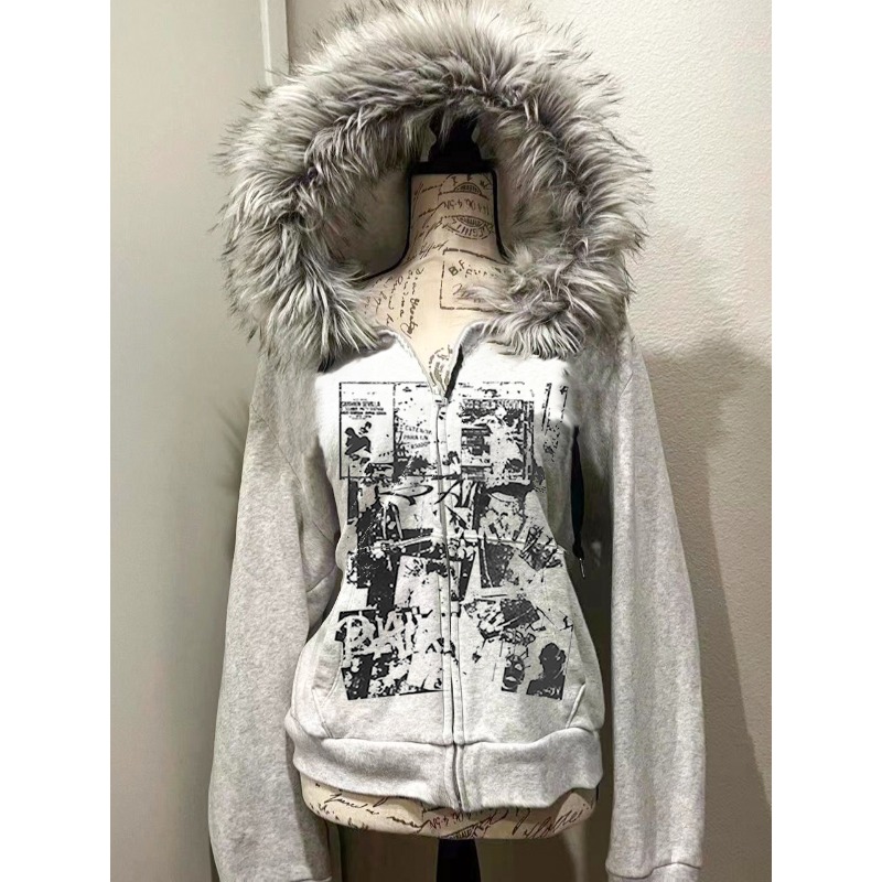 Street Fashion Zip Up Hoodie - Серая шерстяная куртка из искусственного меха