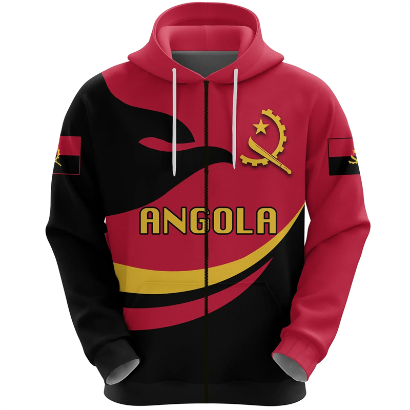 Street Fashion Zip Up Hoodie - Пуловеры с рисунком карты Анголы и